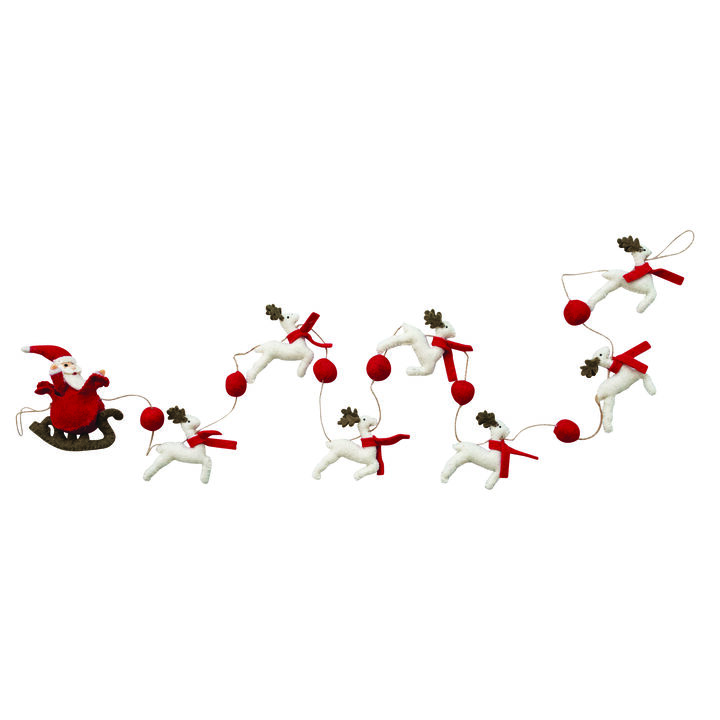 Handmade Wool Felt Santa in Sleigh and Reindeer Garland with Pom Poms and Jute Cord, Cream, Red and Brown