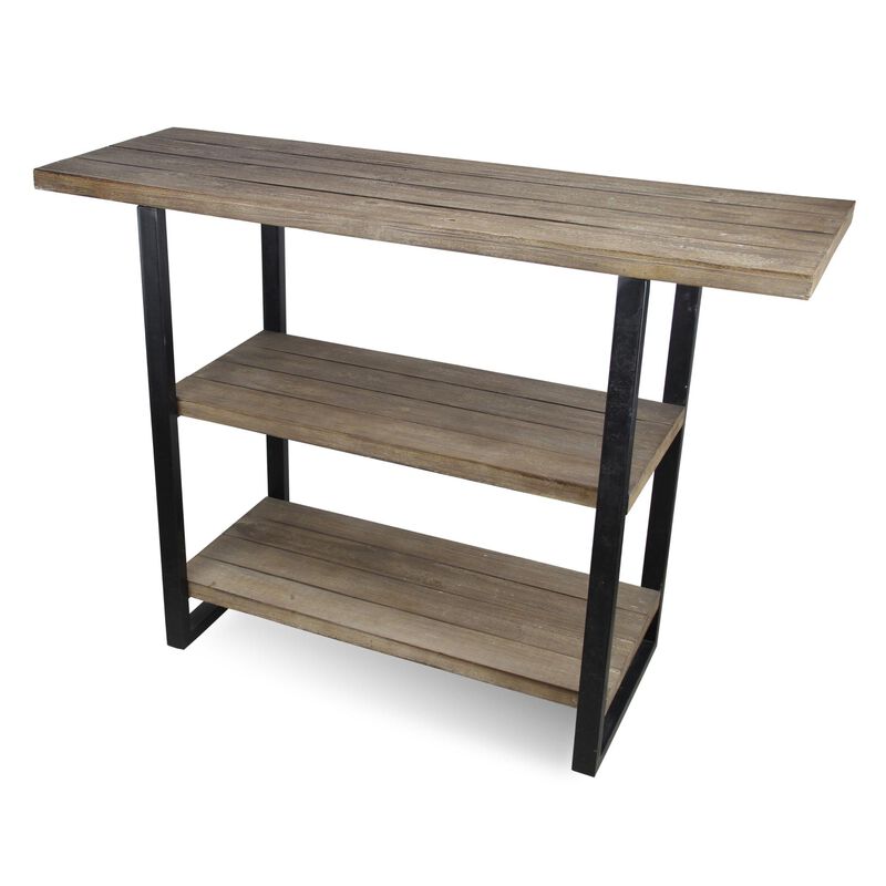 HomeRoots 47" Brown and Black Wood and Metal Distressed Console Table With Two Shelves image number 2