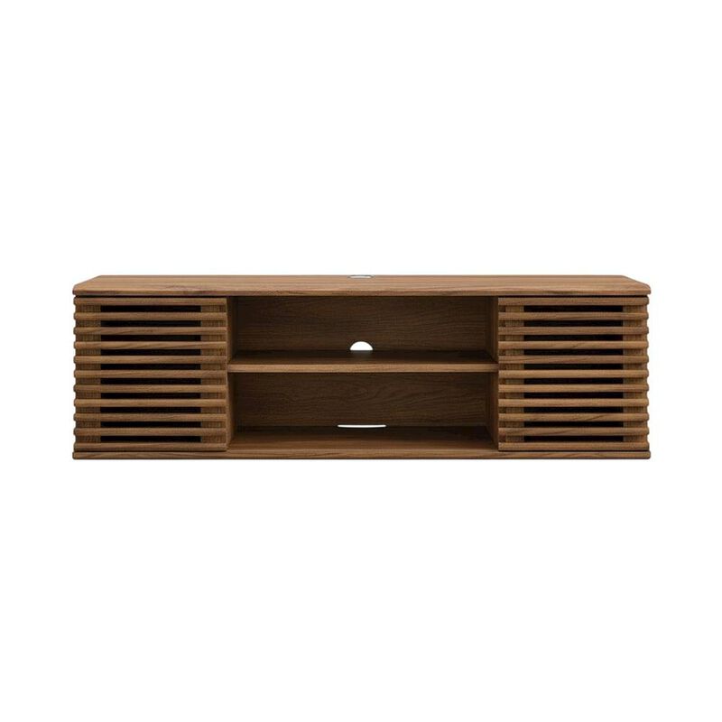 Wooden brown wall-mount TV console with sleek design and sturdy build image number 1