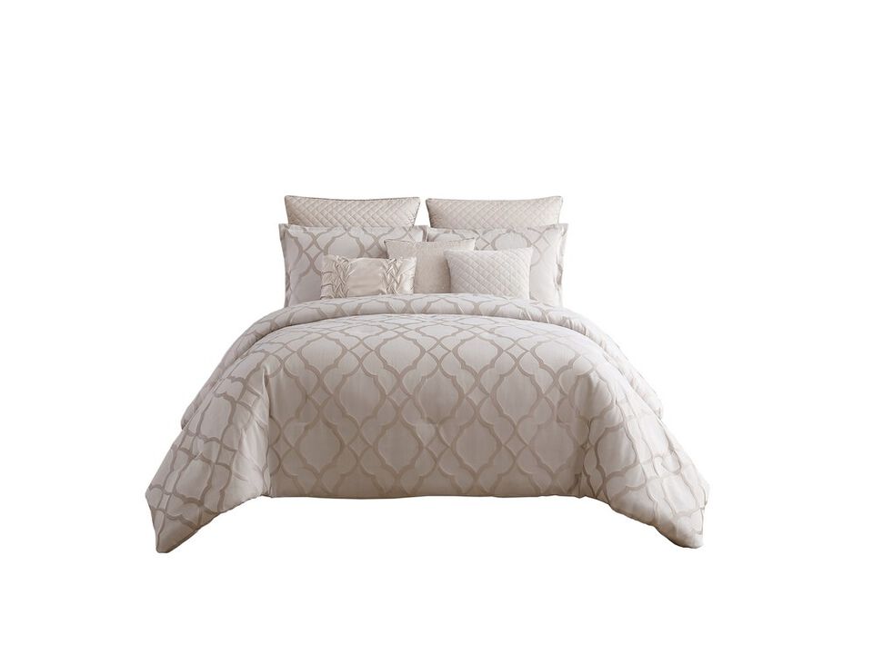 9 Piece Queen Size Fabric Comforter Set with Quatrefoil Prints, White - Benzara