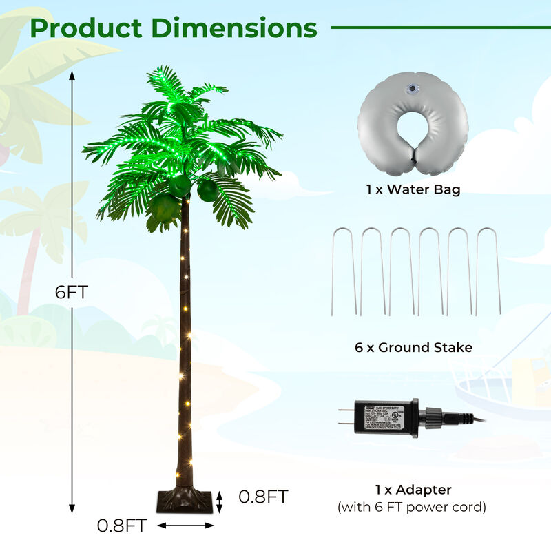 6 FT LED Lighted Artificial Palm Tree Hawaiian Style Tropical with Water Bag