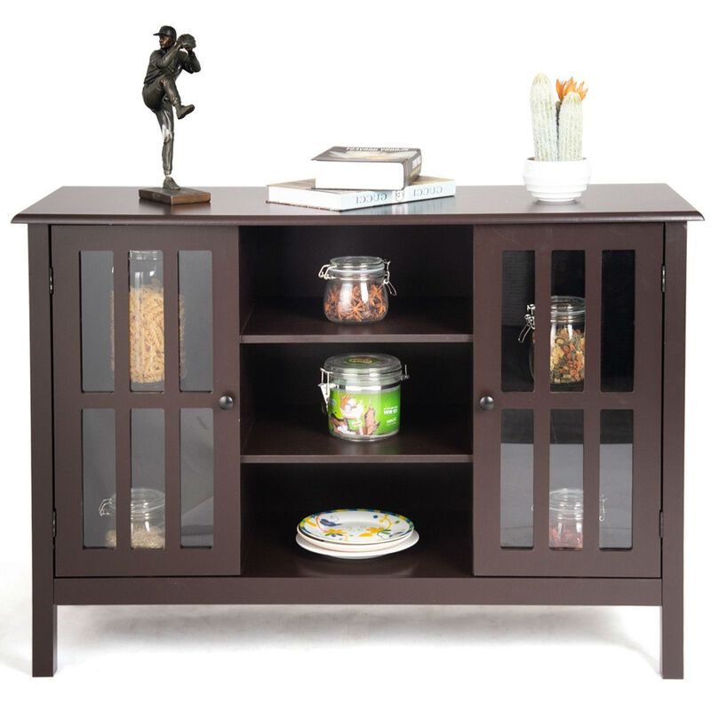 Hivvago Brown Wood Sofa Tale Console Cabinet with Tempered Glass Panel Doors