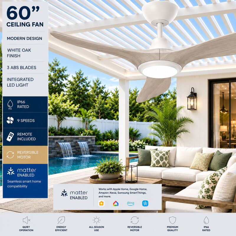 ENLIGHT 60" Smart DC Ceiling Fan with Light, IP66 Outdoor/Coastal Rated, Matter Smart Home Integration, 3 Blades image number 1