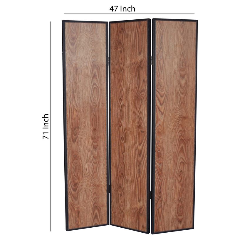 3 Panel Foldable Wooden Screen with Grain Details, Brown-Benzara