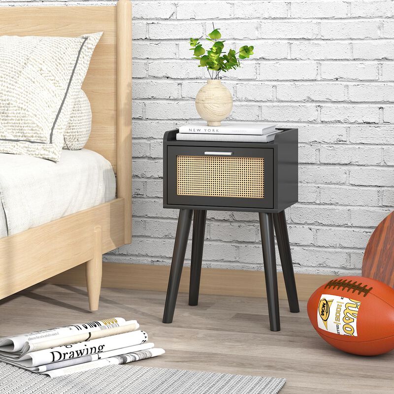 LAATOOREE Nightstand Set of 2, Small Black Bedside Table, End Table with Rattan Door, Boho Side Table with Solid Wood Legs for B