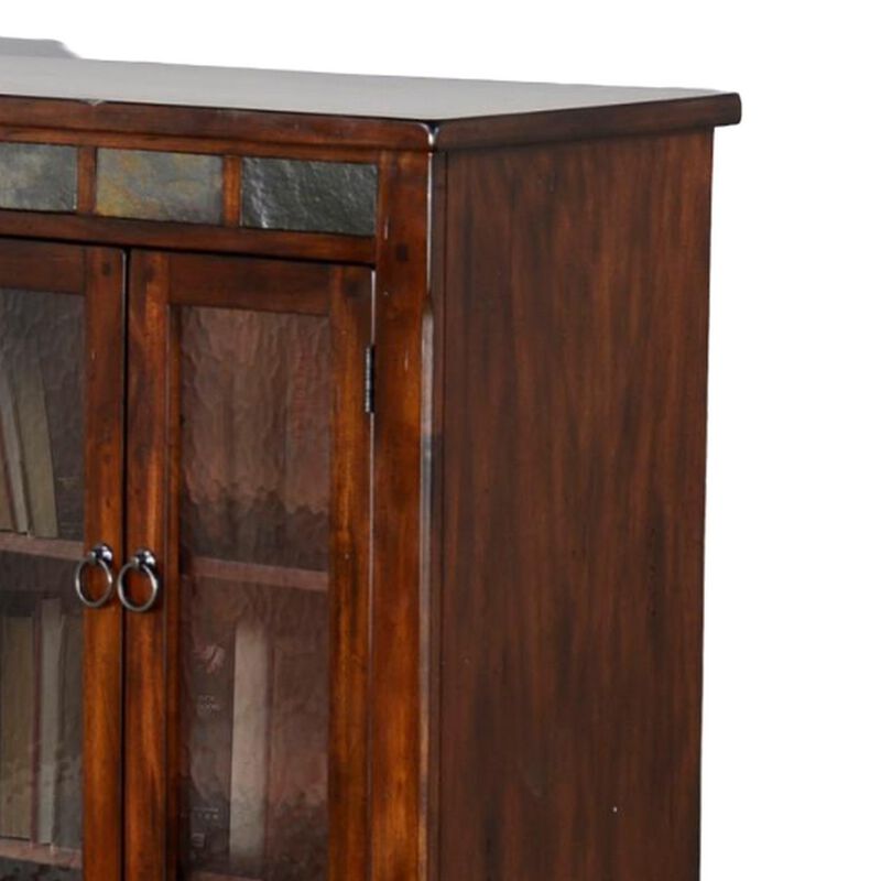Odell Bookcase Cabinet, 4 Beehive Glass Doors, Slate Inlay Dark Brown - Benzara