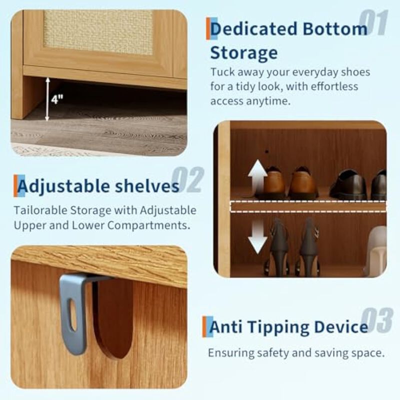 Entryway Wood Shoe Storage Cabinet Adjustable Shelves Oak Rattan image number 3