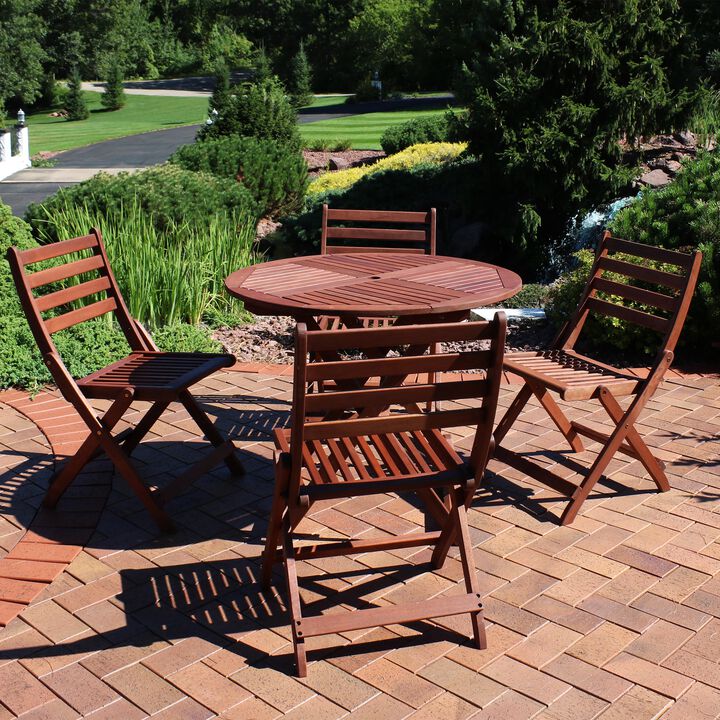Sunnydaze Meranti Wood 5-Piece Folding Patio Round Dining Table and Chairs
