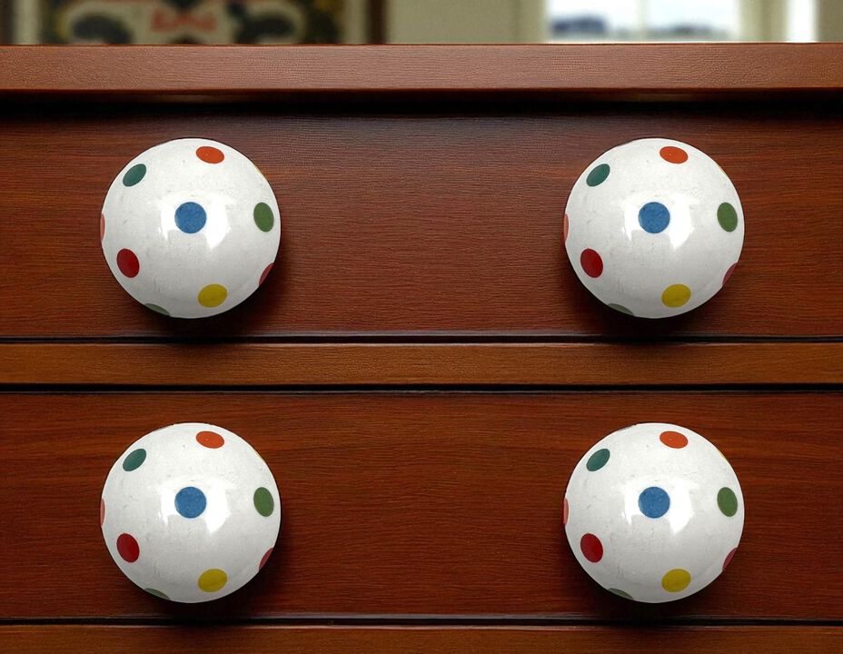 HomeRoots Set of Six Blue Green Off White And Red Polka Dots Ceramic Drawer Pull Knobs