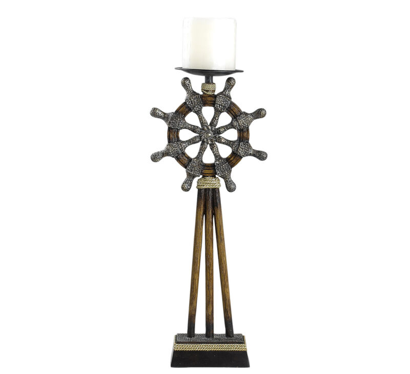 Capi 3pc Candle Holder Set w Candles, Bronze Wheel Shape, Solid Base - Benzara