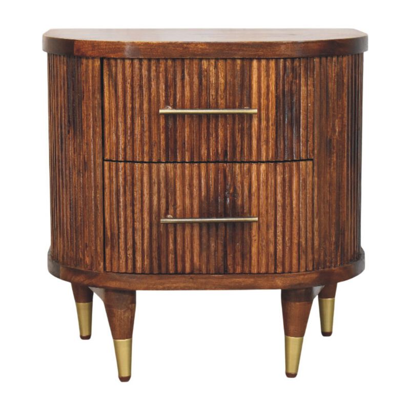 Artisan Furniture Solid Wood Ribbed Bedside with Brass Handles,2 Drawers, Brown image number 0