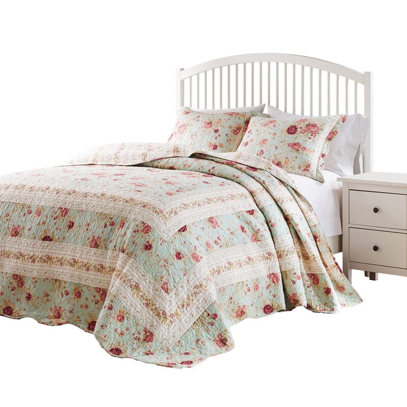 Rosle 3pc King Bedspread Set, 2 Shams, Reversible Rose Print, Blue Cotton - Benzara
