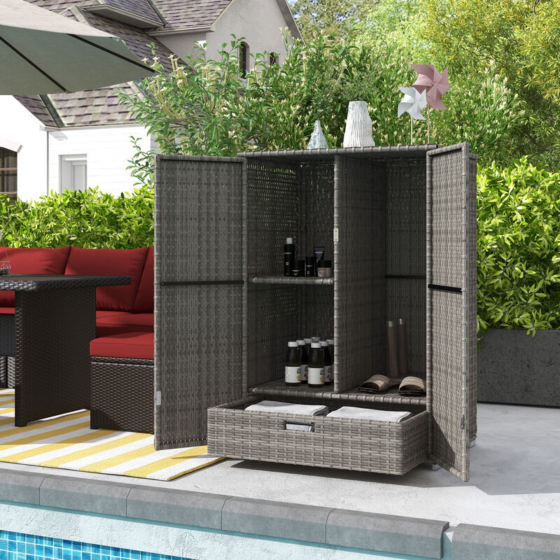 Outsunny Outdoor PE Rattan Wicker Towel Rack & Pool Toy Cabinet, Hot Tub Accessory Storage with Two Doors, Freestanding Cabinet with Drawer, for Indoor, Outdoor Swimming Pool, Spa, Dark Gray