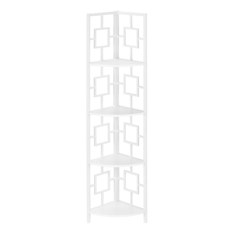 Monarch Specialties I 3613 Bookshelf, Bookcase, Etagere, Corner, 4 Tier, 62"H, Office, Bedroom, Metal, Laminate, White, Contemporary, Modern
