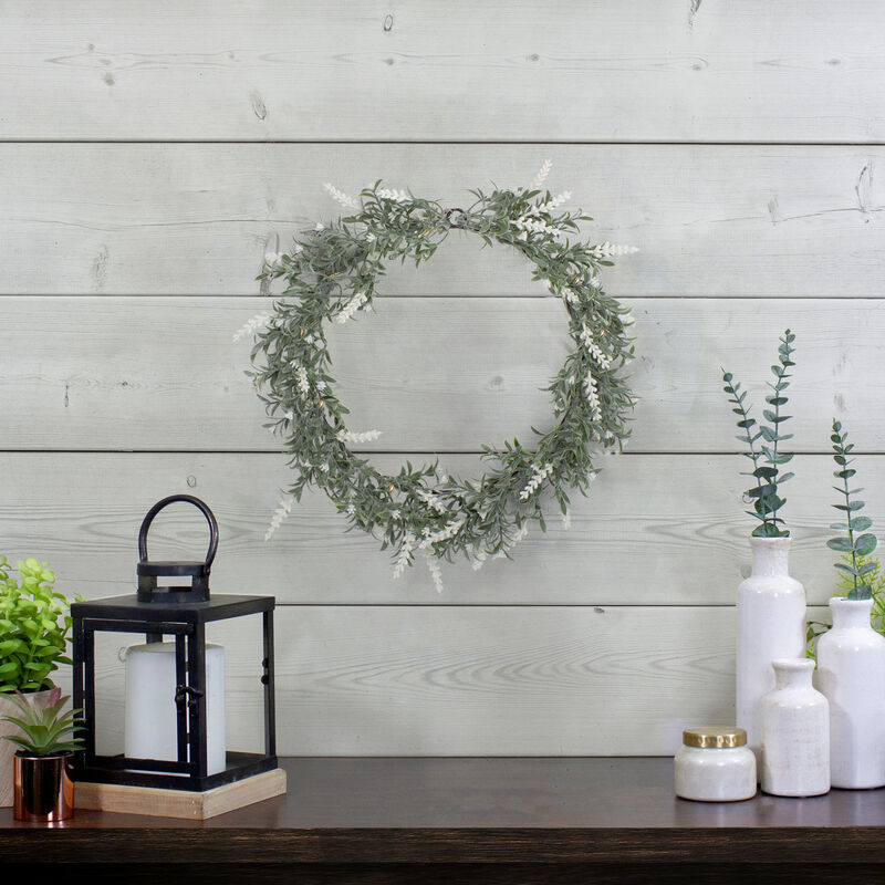 Pre-Lit Battery Operated White Lavender Spring Wreath - 16" - White LED Lights image number 1