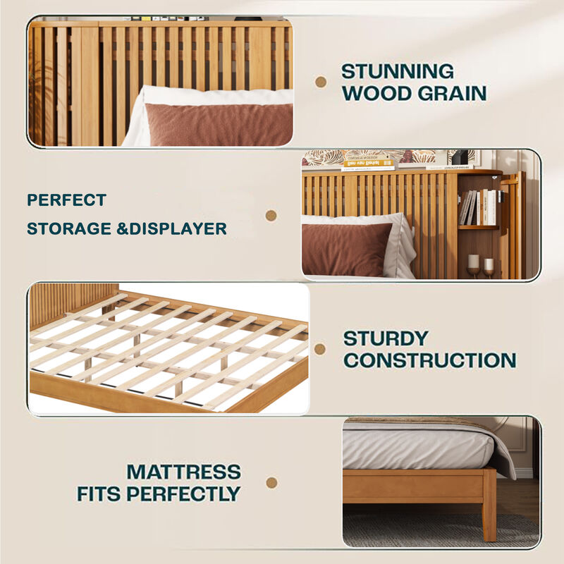 Christopher Knight Home Dyrik Mid-Century Modern Bed with Slatted Headboard and Built-in Side Storages