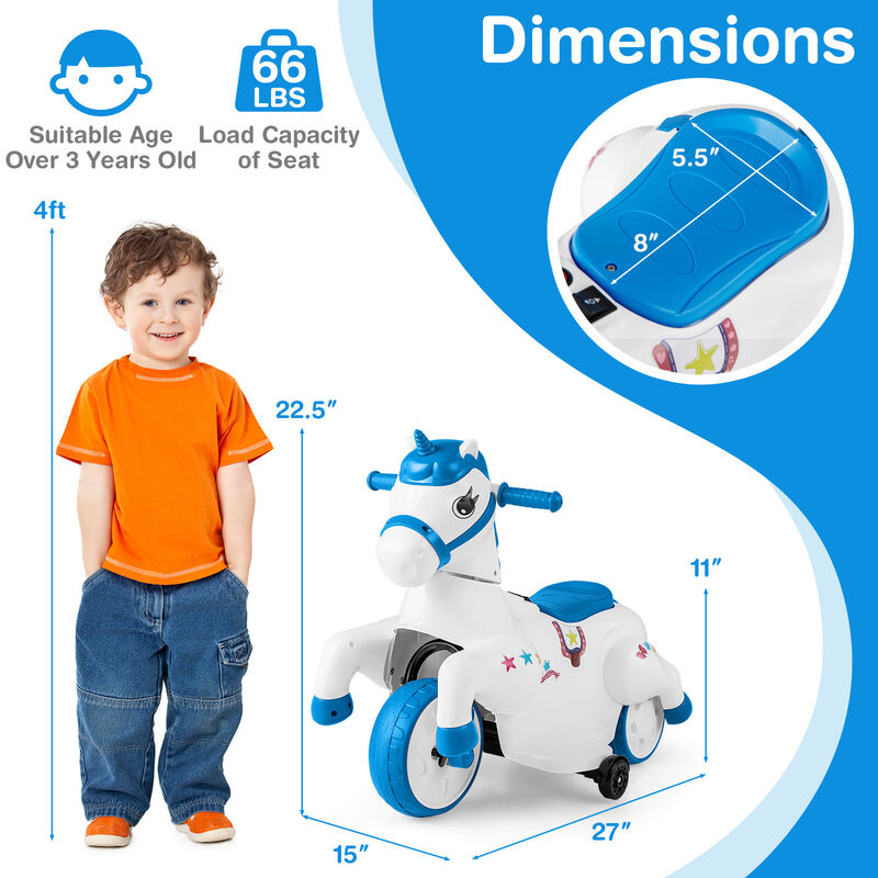 Kids 12V Ride On Unicorn Toy with Training Wheels and Horse Riding Design image number 2