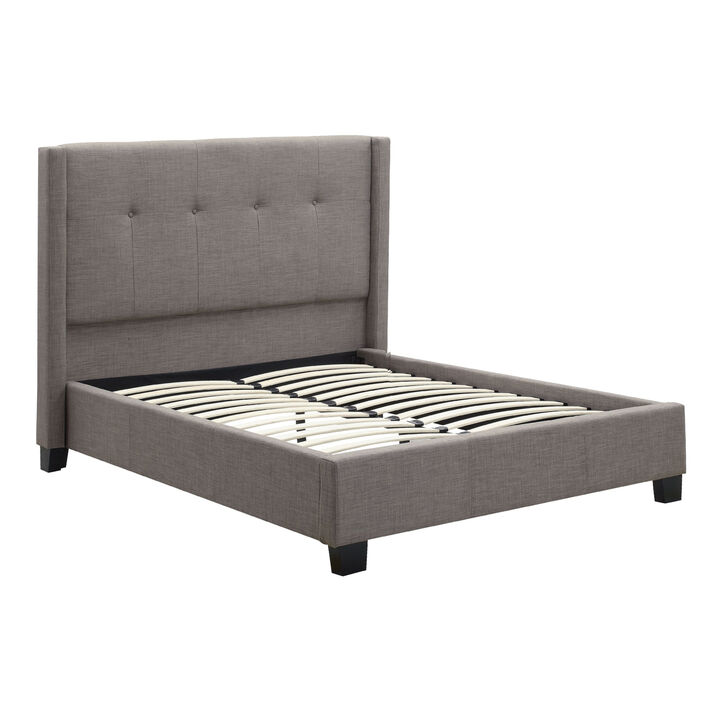 Adams Low Profile California King Bed, Piped Edges, Tufted Linen, Gray