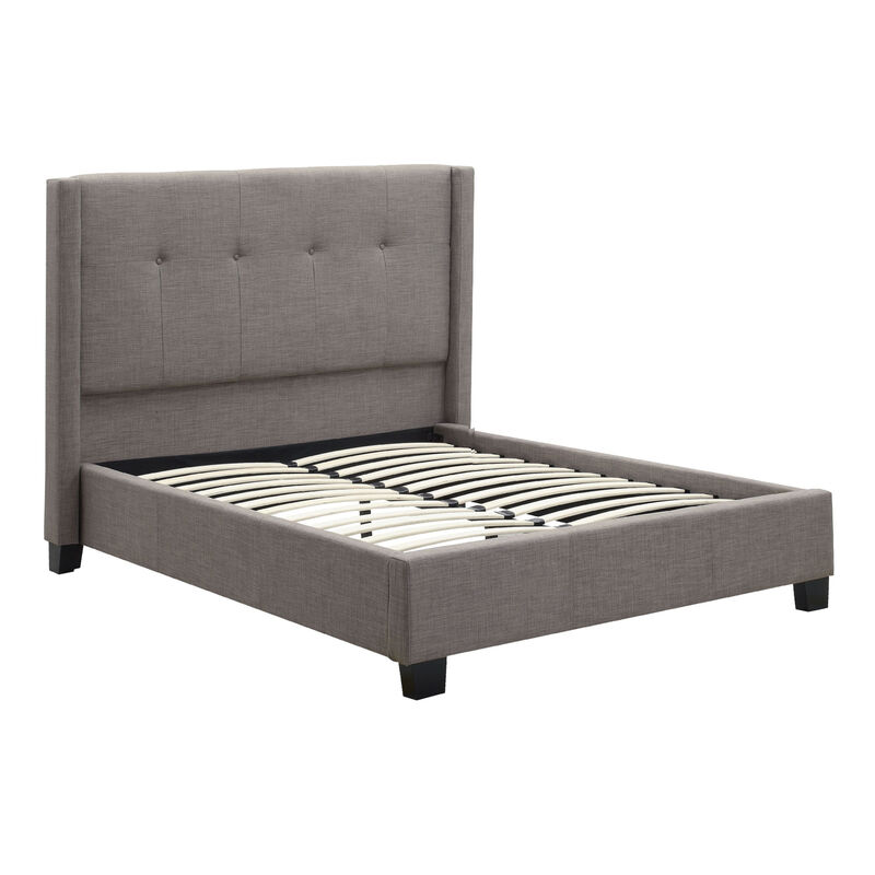 Adams Low Profile California King Bed, Piped Edges, Tufted Linen, Gray