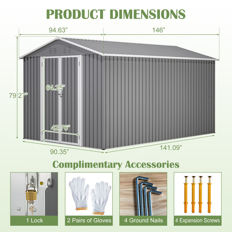8 x 12 FT Outdoor Storage Shed, Large Metal Tool Storage with Aluminium Frame and Lockable Doors image number 3