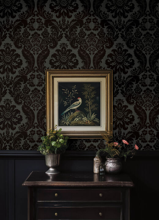 Shadow Black Flocked Damask Wallpaper (Set of 2)