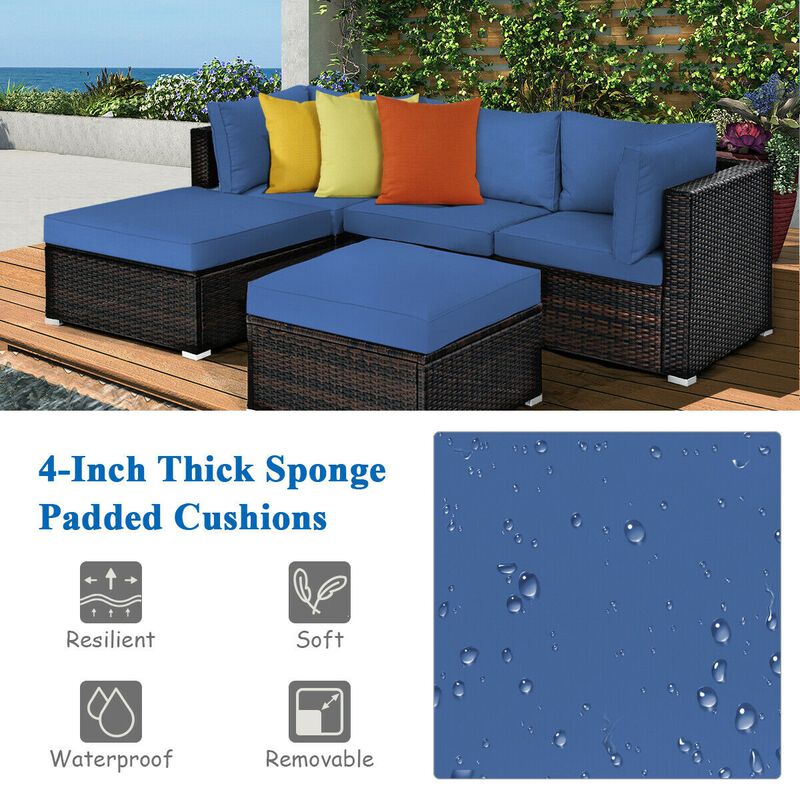 5 Pieces Patio Rattan Sofa Set with Cushion and Ottoman