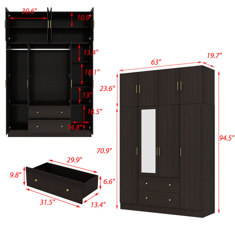 FUFU&GAGA Elegant Wardrobe with Mirror, Adjustable Shelves, and Spacious Drawers (63" W x 19.7" D x 94.5" H),Dark Brown image number 9