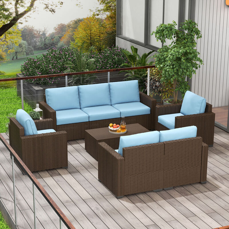 Outsunny 5 Piece Wicker Patio Furniture Set with Thick Padded Cushions, Outdoor PE Rattan Sectional Furniture Conversation Sofa Set, Sofa, Chairs, Loveseat and Coffee Table, Blue