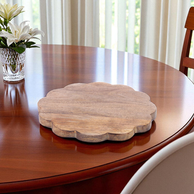 Round Mango Wood Tray with Flower Design for Serving or Decorative Display