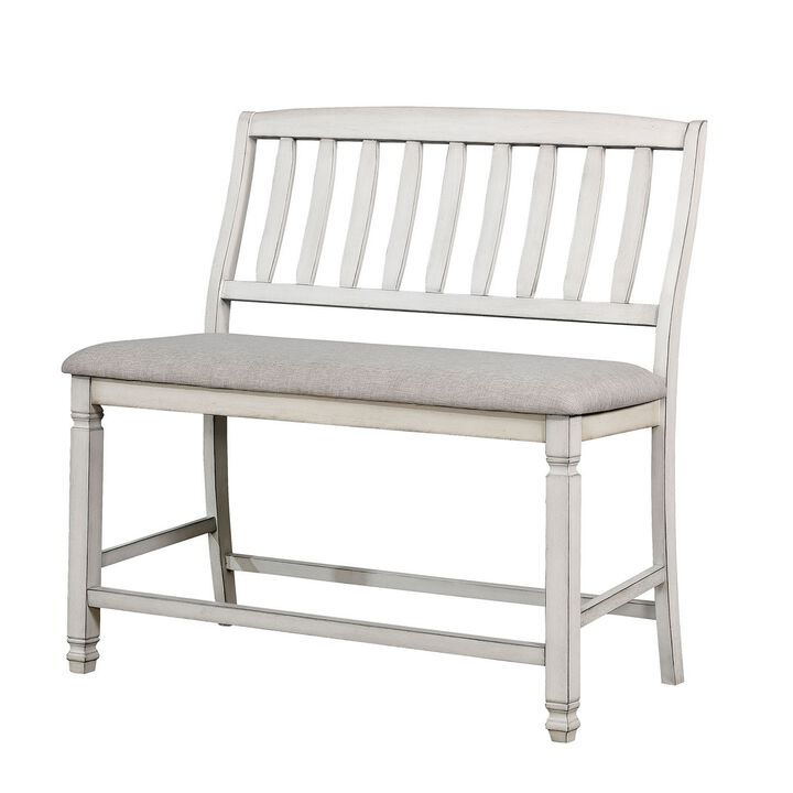 Fabric Upholstered Wooden Counter Height Bench with Slat Back, White-Benzara
