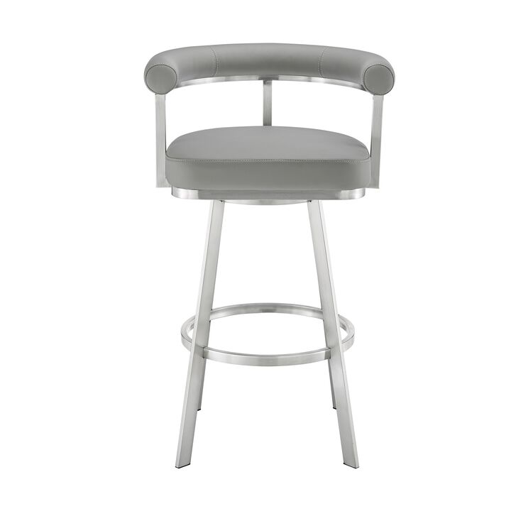 Weni 30 Inch Swivel Barstool Chair, Barrel Open Back, Light Gray, Steel - Benzara