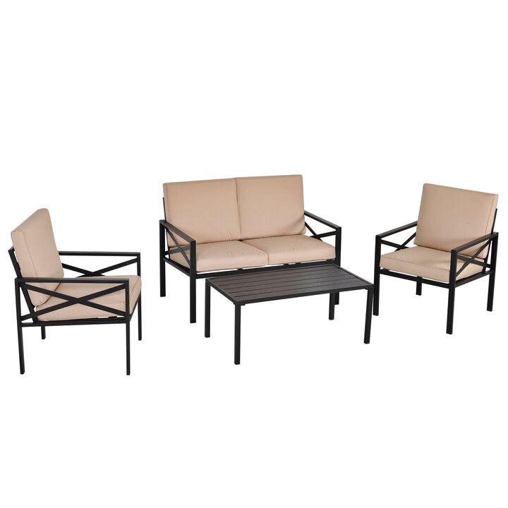 4-Piece Patio Furniture Set Garden Conversation Set with Cushions Steel Beige