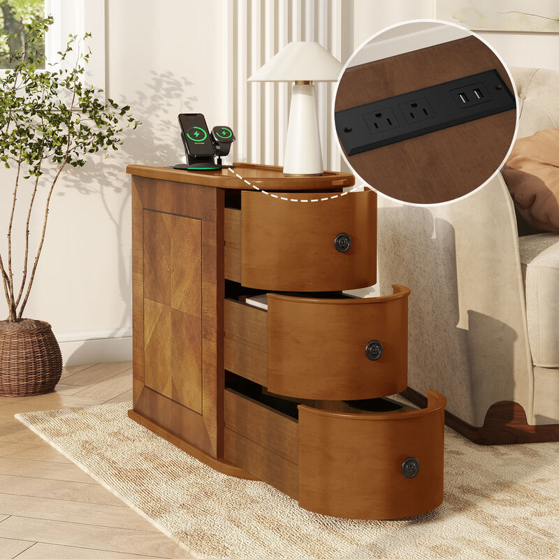 Whisen 23.6" Side Table with Charging Station, 2 Drawers Rubber Wood End Table for Living Room Bedroom image number 4
