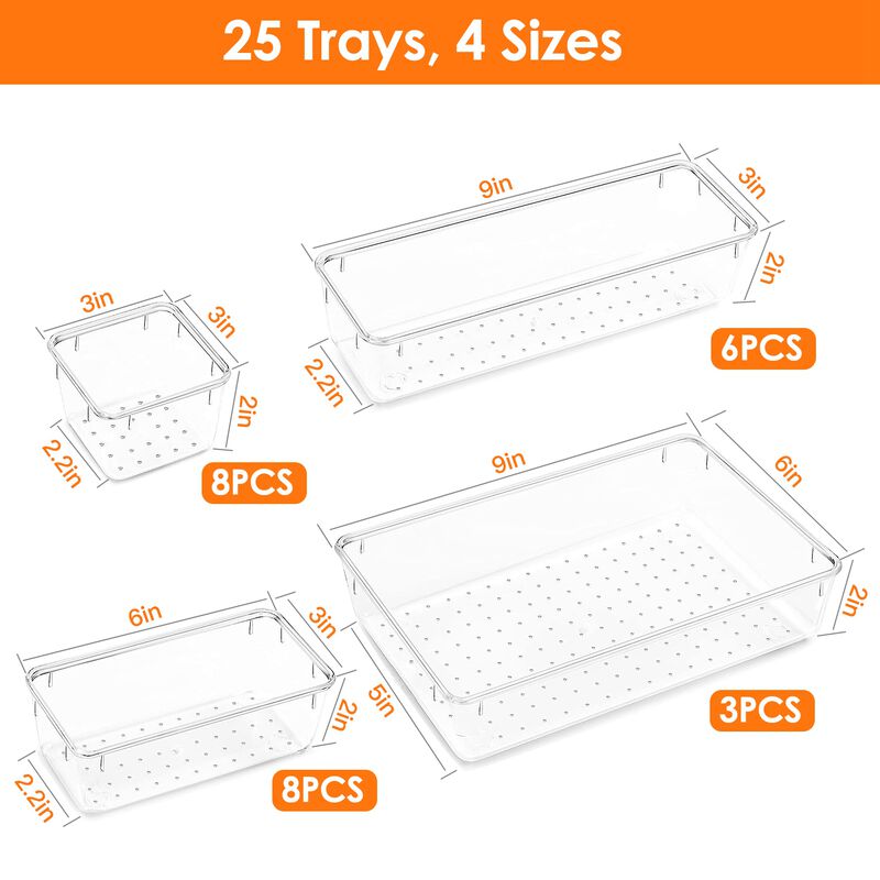 25Pcs Clear Plastic Drawer Organizers