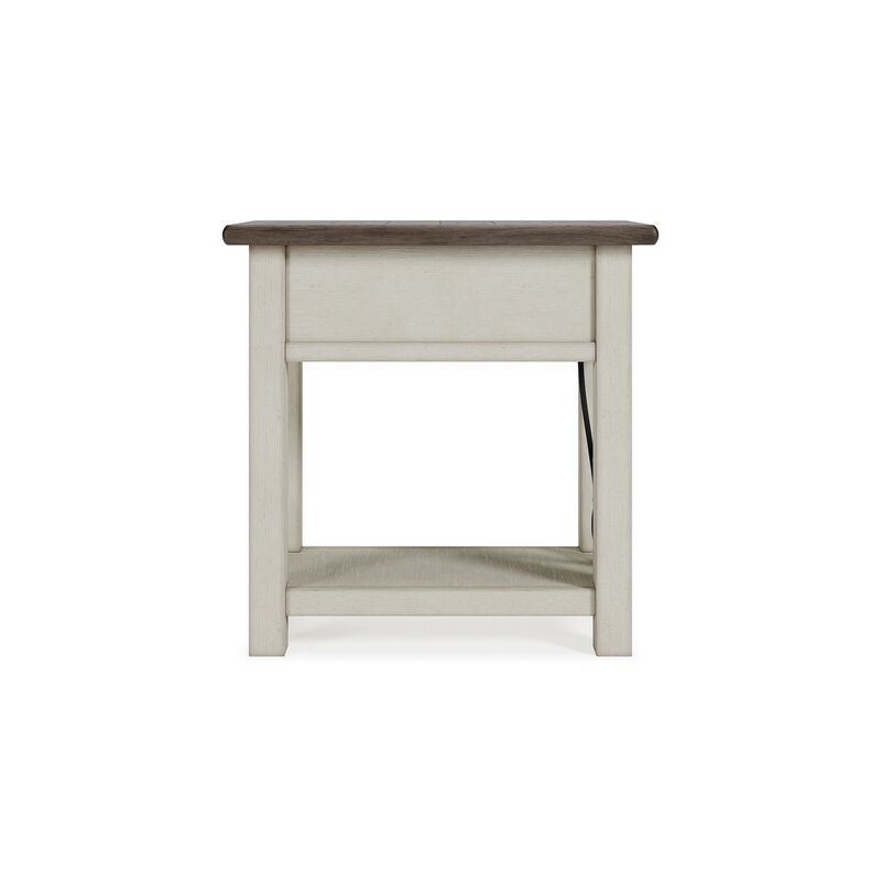 24 Inch Side End Table, White Wood Base, Power Socket and USB Chargers-Benzara