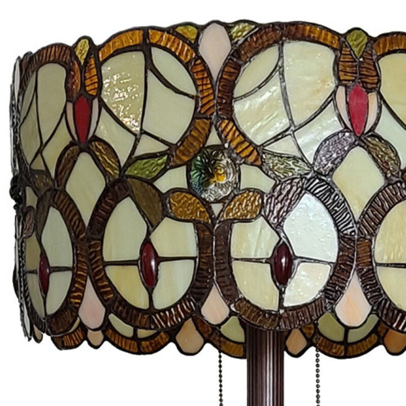 Hivvago 63" Beige Metal Two Light Torchiere Floor Lamp With Red And White Flowers Glass Drum Shade