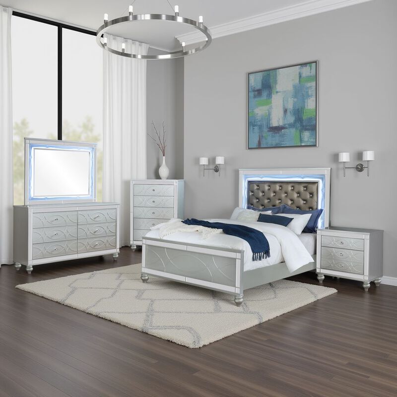 Gina 5pc Queen Bedroom Set, Silver Gray Faux Leather, LED Lights