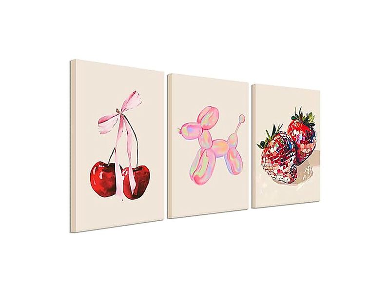 Cute Pink Canvas Wall Art Set 3 Fruit Disco Strawberry Bow Cherry Decor Funky image number 0