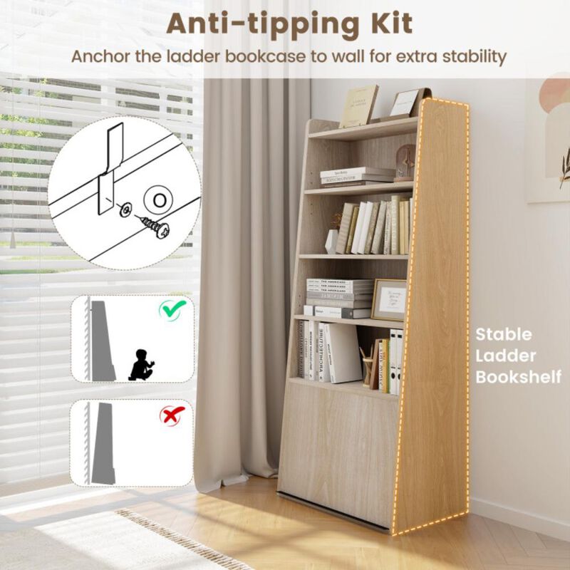 Hivvago 6-Tier Bookcase Freestanding Ladder Bookshelf with 2 Adjustable Shelves and Flip Up Door