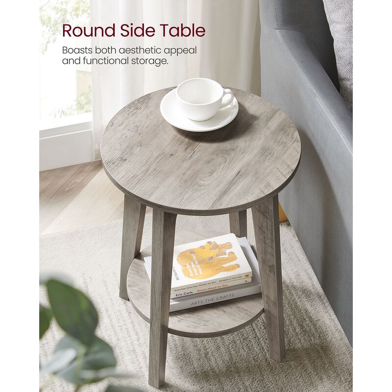 Minimalist Round End Table &ndash; Small Table with Lower Shelf for Sofa Side or Bedside Storage Needs