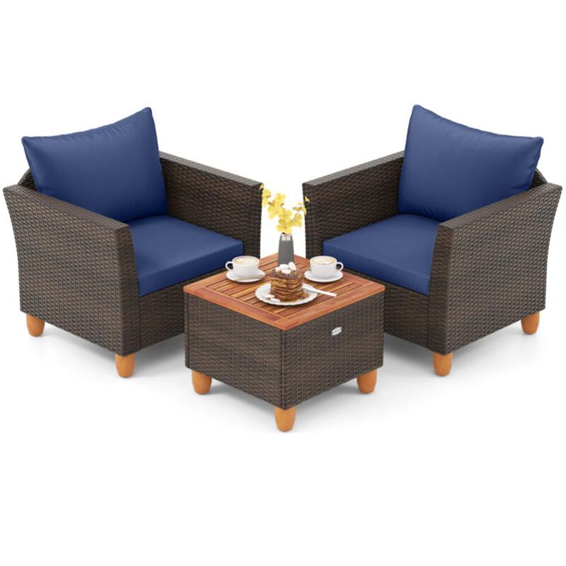 Hivvago 3 Pieces Patio PE Wicker Furniture Set with Cushions and Acacia Wood Storage Coffee Table