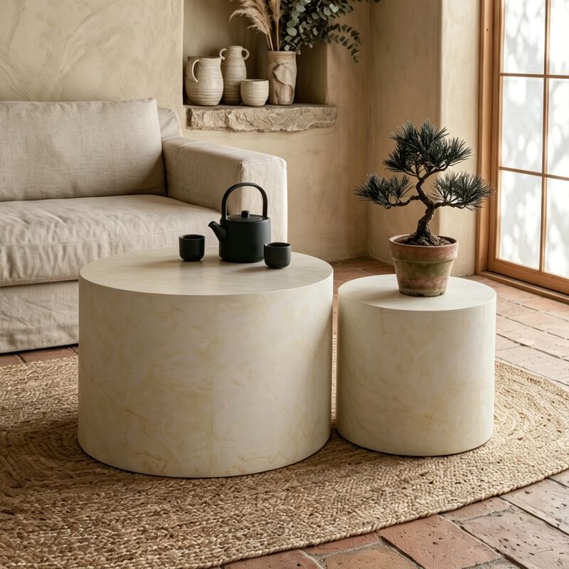 Modern Round Drum Nesting Coffee Table Set of 2, Wooden Cylinder Coffee Tables for Living Room, Space-Saving Design image number 1
