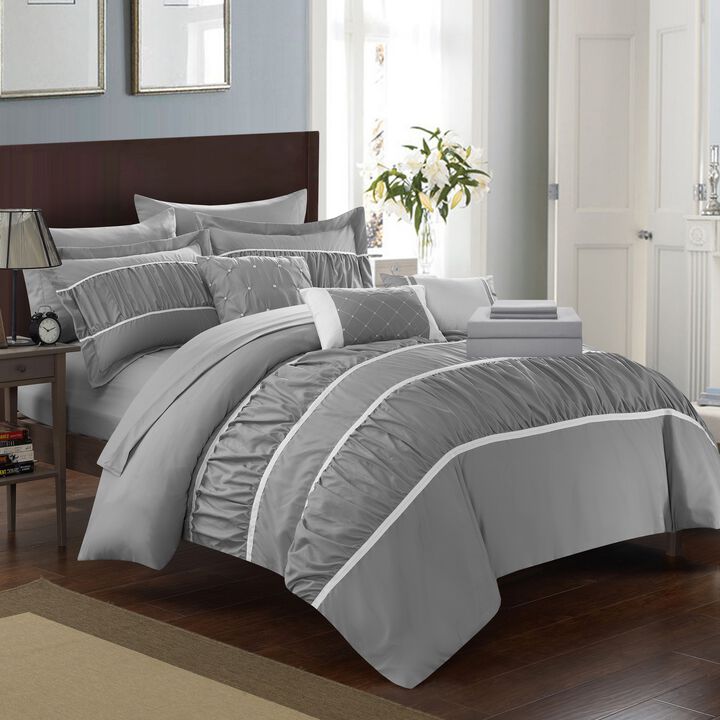 Chic Home Stieg 10 Pieces Comforter Set Complete BIB Pleated Ruched Ruffled Bedding With Sheet Set & Decorative Pillows Shams - Queen 90x90, Grey