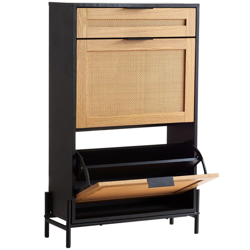 Slim Rattan Shoe Cabinet with 2 Flip Drawers and 1 Slide Drawer for Entryway
