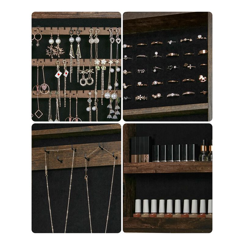 Space-Saving Wall-Mounted Jewelry Cabinet with Mirror and Lock - Rustic Brown Finish image number 4