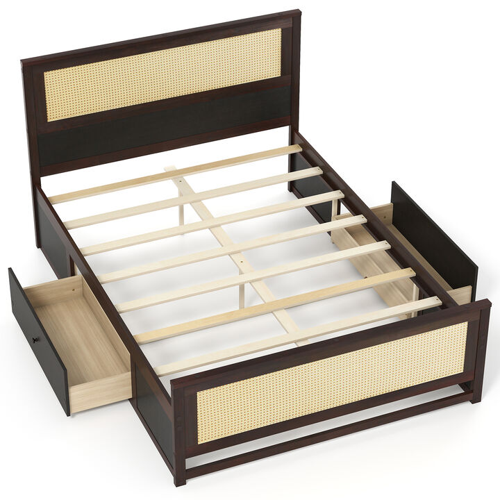 Woven Rattan Bed Frame with Drawer Storage for Modern Bedroom
