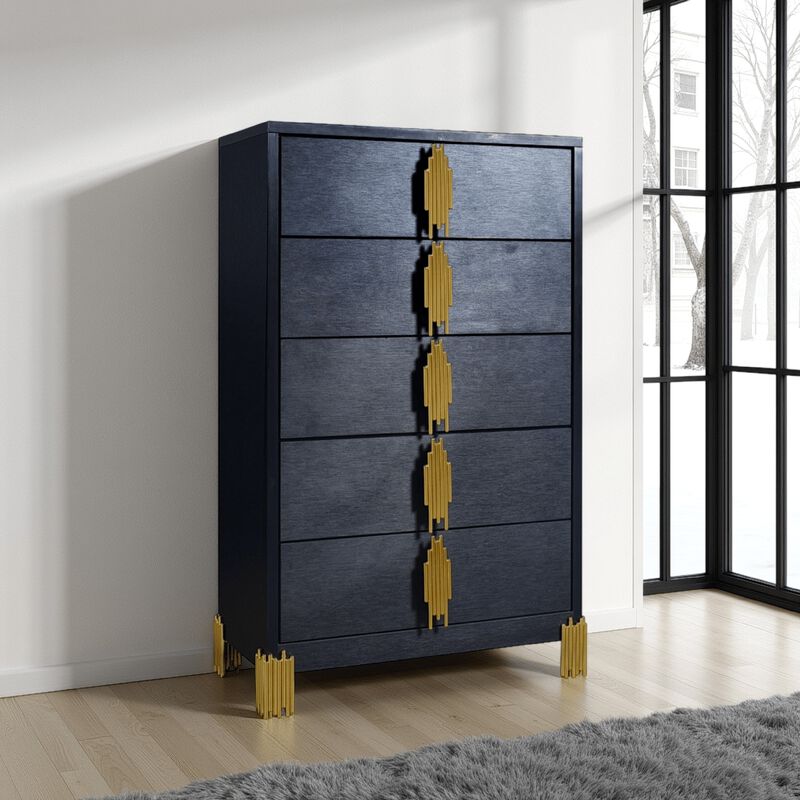 Theo Tall Dresser Chest, 5 Drawers, Vertical Gold Handles, Black Wood - Benzara