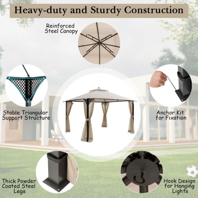 Hivvago 12 x 10 Feet Outdoor Double Top Patio Gazebo with Netting