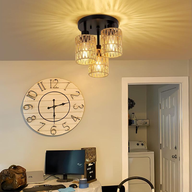 ELEMENT ACE 3-Light Hand-Woven Natural Rattan Semi Flush Mount Ceiling Light, Boho Rustic Farmhouse Style Ambient Lighting for Hallway Living Room Bedroom Entryway image number 7