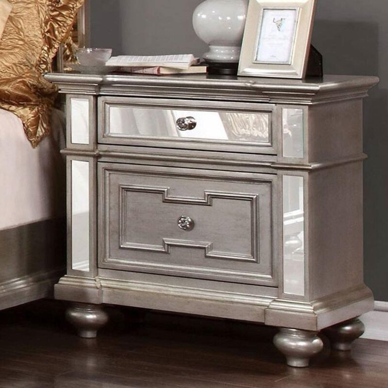 Streamdale Glam Silver Nightstand with Mirrored Accents